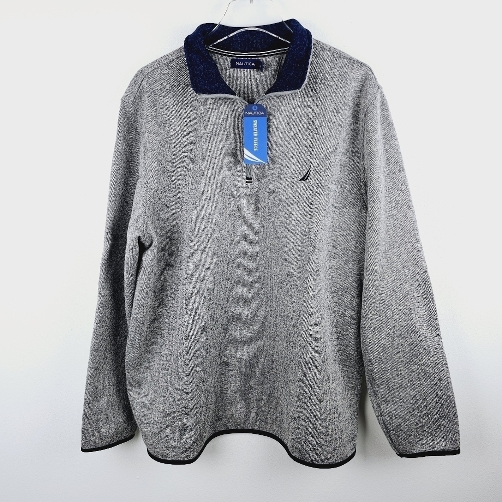 Nautica Heather Gray & Navy Blue 1/4 Zip Sweater Fleece NWT, size XL